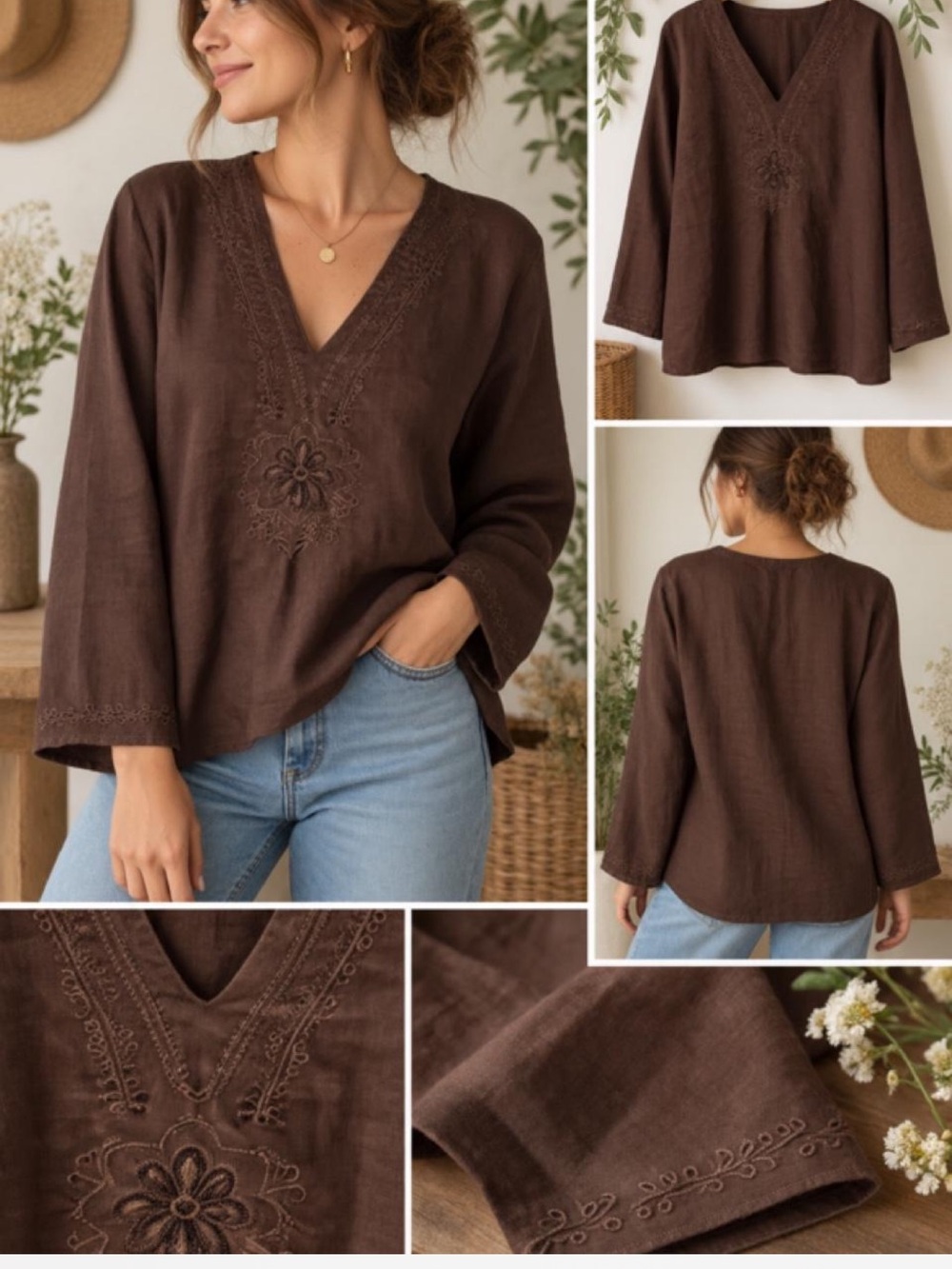 Josephine Chaus Sport 100% Linen Embroidered Brown Tunic – Size XL